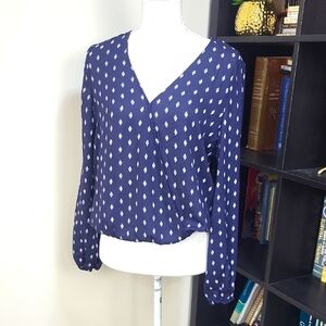 VIXBIE Blue White V-Neck Wrap Elastic Waist Long Sleeve Blouse Top